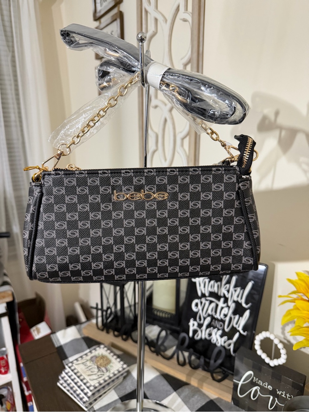 bebe Black Logo Jacquard Mini Shoulder Bag with Gold Hardware